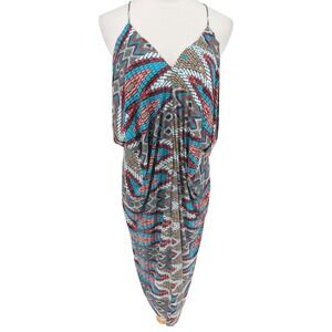 Misa Los Angeles Dress Womens S Blue Red Geometric Tribal Drape Front Resortwear